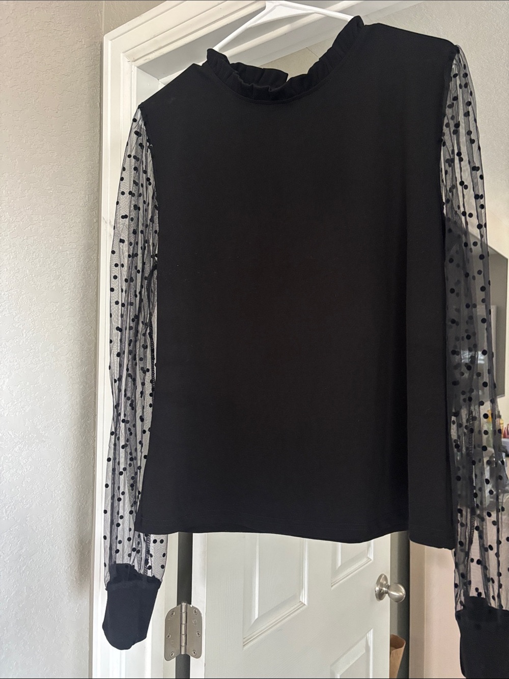 Women's Black Long Sleeve Top with Sheer Polka Dot Sleeves